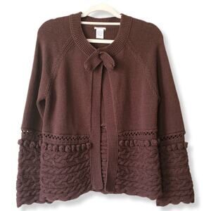 Women Brown Cardigan Sweater M Pom Pom Goblincore Neutral Academia Cottage Twee